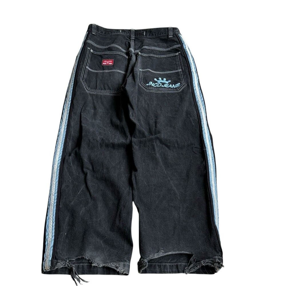VTG JNCO Black Tribal Crown Reflective Stripes Baggy Jeans 36x32 Y2K Skater Rave